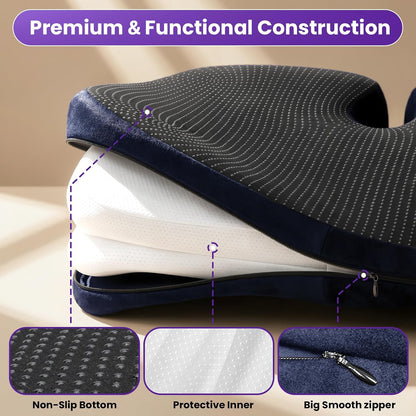 ZZ-WELL Seat Cushion for Office Chairs, Black, 21.2 Inches | Coccyx Cushion for Tailbone Pain, Memory Foam, Extra Large Thick, Patented Pressure Relief, Computer Gaming Chair