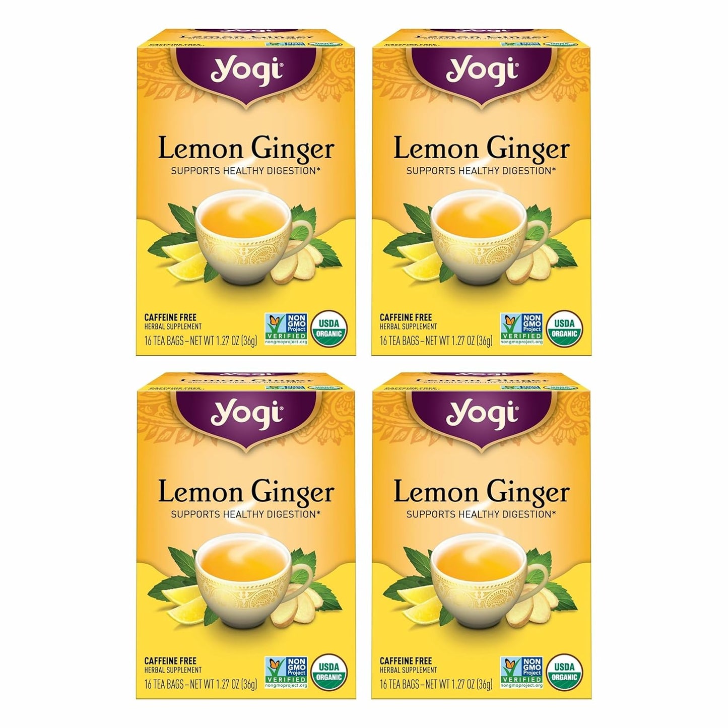 Yogi Tea Lemon Ginger - 16 Bags per Pack (4 Packs) - Organic Ginger Root Tea to Support Healthy Digestion - Includes Lemongrass, Lemon Flavor, Licorice Root, Lemon Peel & More