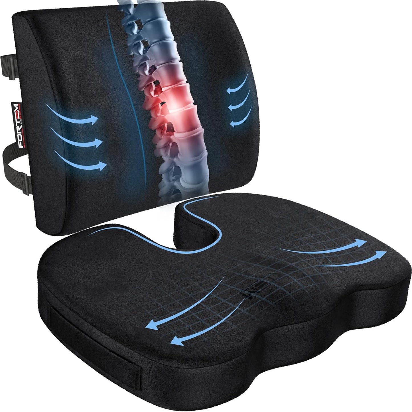 FORTEM Seat Cushion, Office Chair Cushion, Lumbar Support Pillow for Office Chair, Memory Foam Car Seat Cushions, Sciatica Coccyx Tailbone Pain Relief, Cushions for Back Support, Washable, Non Slip