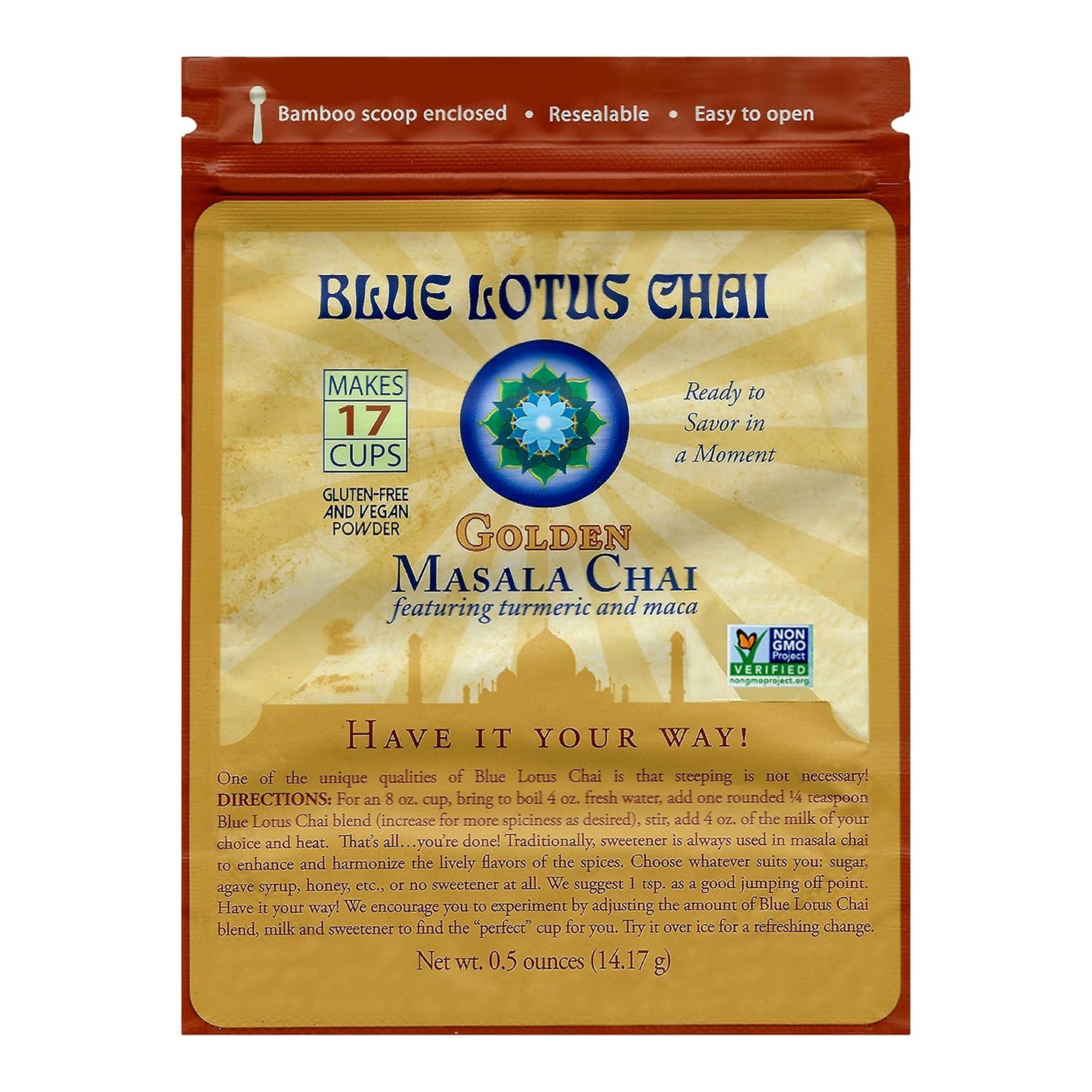 Blue Lotus Chai - Golden Masala Flavor Chai - Makes 100 Cups - 3 Ounce Masala Spiced Chai Powder with Organic Spices - Instant Indian Tea No Steeping - No Gluten