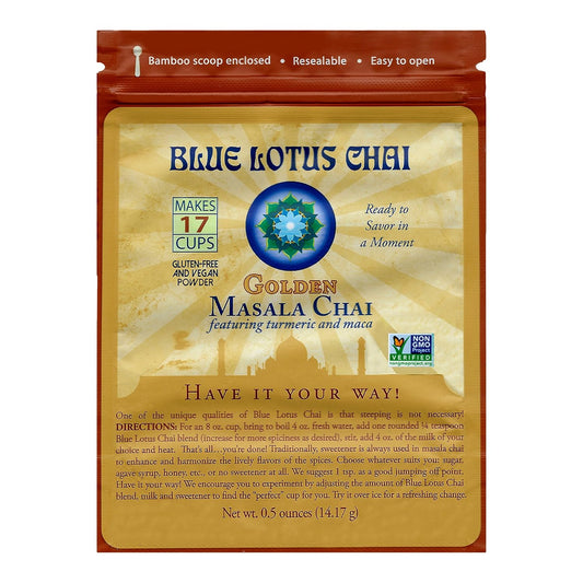 Blue Lotus Chai - Golden Masala Flavor Chai - Makes 100 Cups - 3 Ounce Masala Spiced Chai Powder with Organic Spices - Instant Indian Tea No Steeping - No Gluten