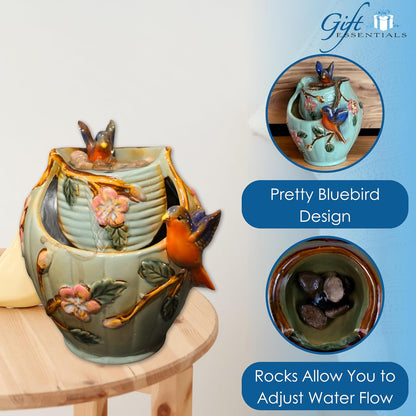 Bluebird Ceramic Tabletop Water Fountain, Indoor Relaxation, 7 Inch