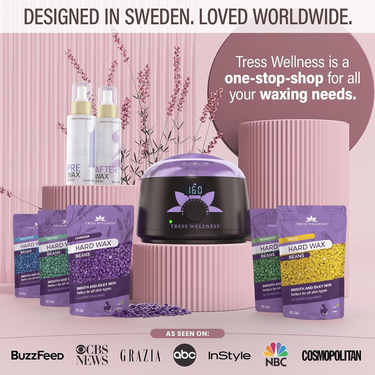 Tress Wellness Award Winning Waxing Kit for Sensitive Skin, Safe for Face & Skin, Easy to Use, At-Home Kit for Face, Bikini, Brazilian & Full Body - Digital Display, Black Purple Flower