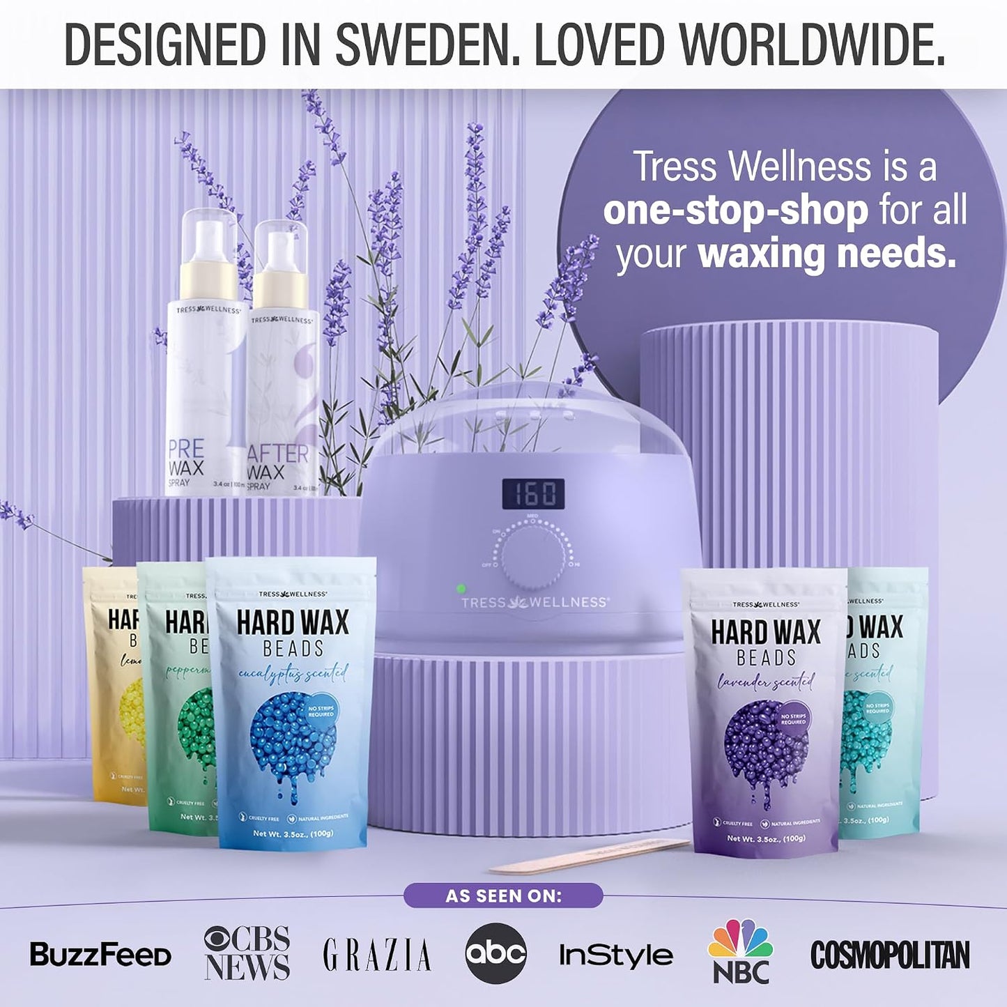 Tress Wellness Award Winning Waxing Kit for Sensitive Skin, Safe for Face & Skin, Easy to Use, At-Home Kit for Face, Bikini, Brazilian & Full Body - Digital Display, Black Purple Flower