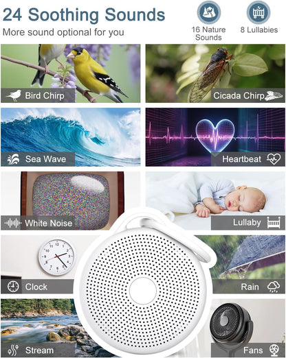 White Noise Machine, Portable Sound Machine for Sleep, 24 Soothing Sound, Volume Control, 3 Timing, Adjustable Night Light, Sound Therapy for Home, Travel, Registry Present