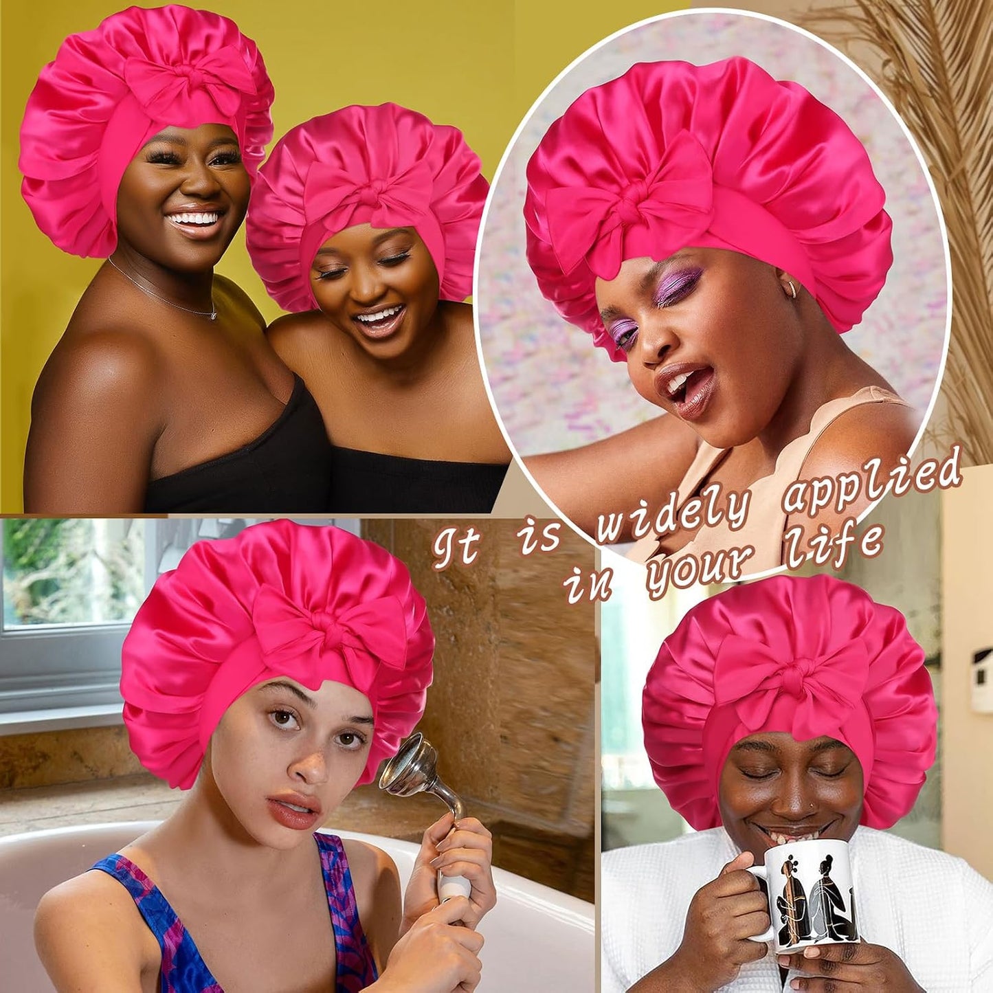 Satin Bonnet for Sleeping Cap Double Layer Hair Bonnet with Elastic Tie Band for Curly Hair Night Cap (Bean Paste + Pink)
