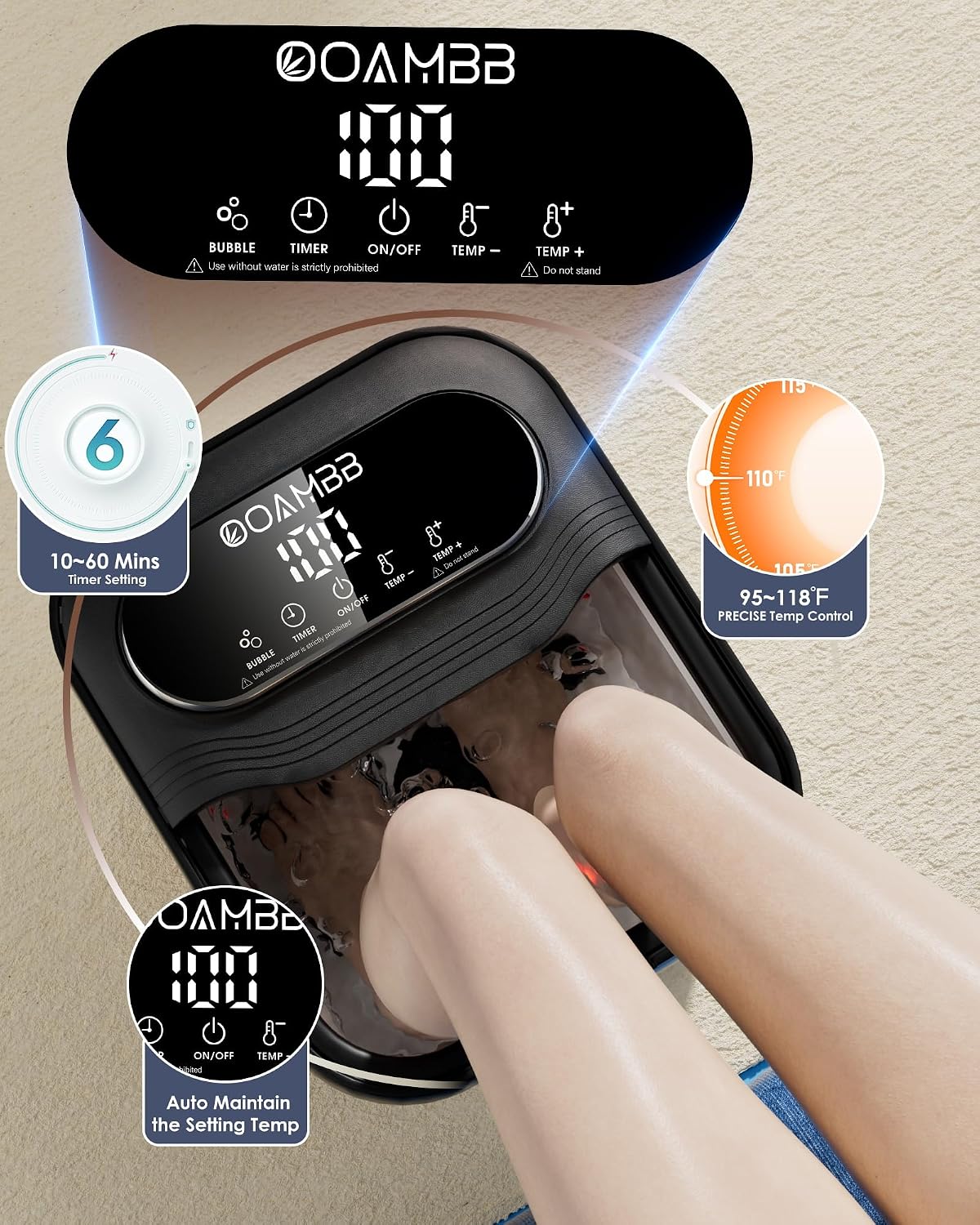 OOAMBB Collapsible Foot Spa with Heat, Bubble and Temp Control, Foot Bath Massager with XL Touch Screen and Massage Rollers, Foot Soaking Tub, Pedicure Foot spa for Stress Relief (Grey)