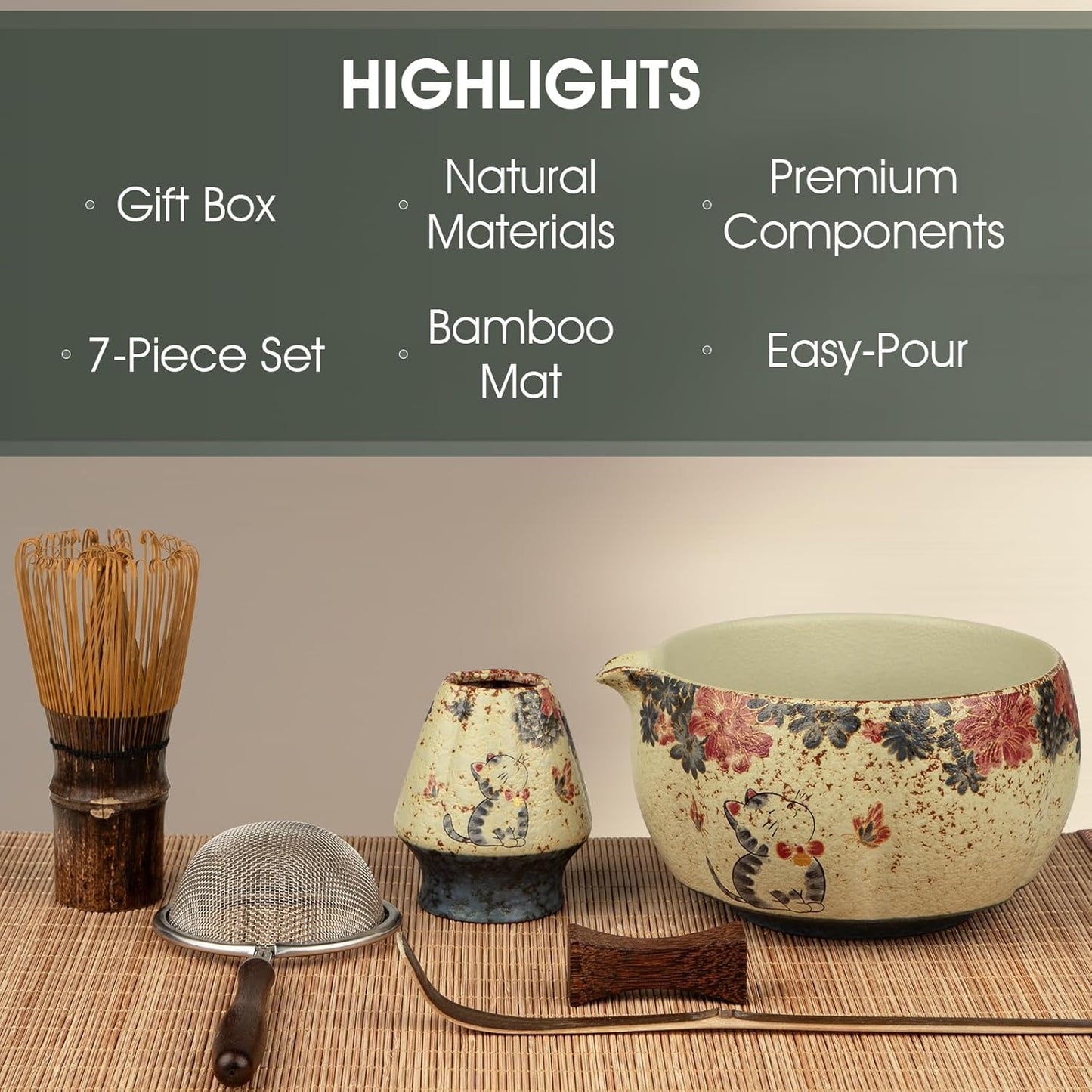 Matcha Whisk Set, 7-Piece Matcha Kit with Ceramic Bowl, Bamboo Whisk, Scoop, Sifter, Holder & Bamboo Mat – Premium Matcha Tea Set for Beginners & Matcha Lovers