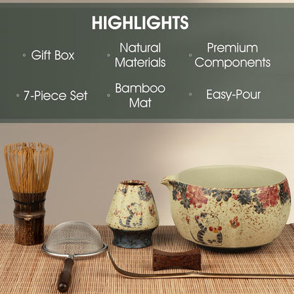 Matcha Whisk Set, 7-Piece Matcha Kit with Ceramic Bowl, Bamboo Whisk, Scoop, Sifter, Holder & Bamboo Mat – Premium Matcha Tea Set for Beginners & Matcha Lovers