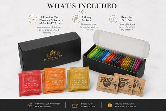 Harney & Sons Assorted Tea Bag Sampler Bundle 42 Count With Honey Crystal Packs Great for Birthday, Hostess and Co-worker Gifts, Tea Set Gifts, Tea Variety Pack