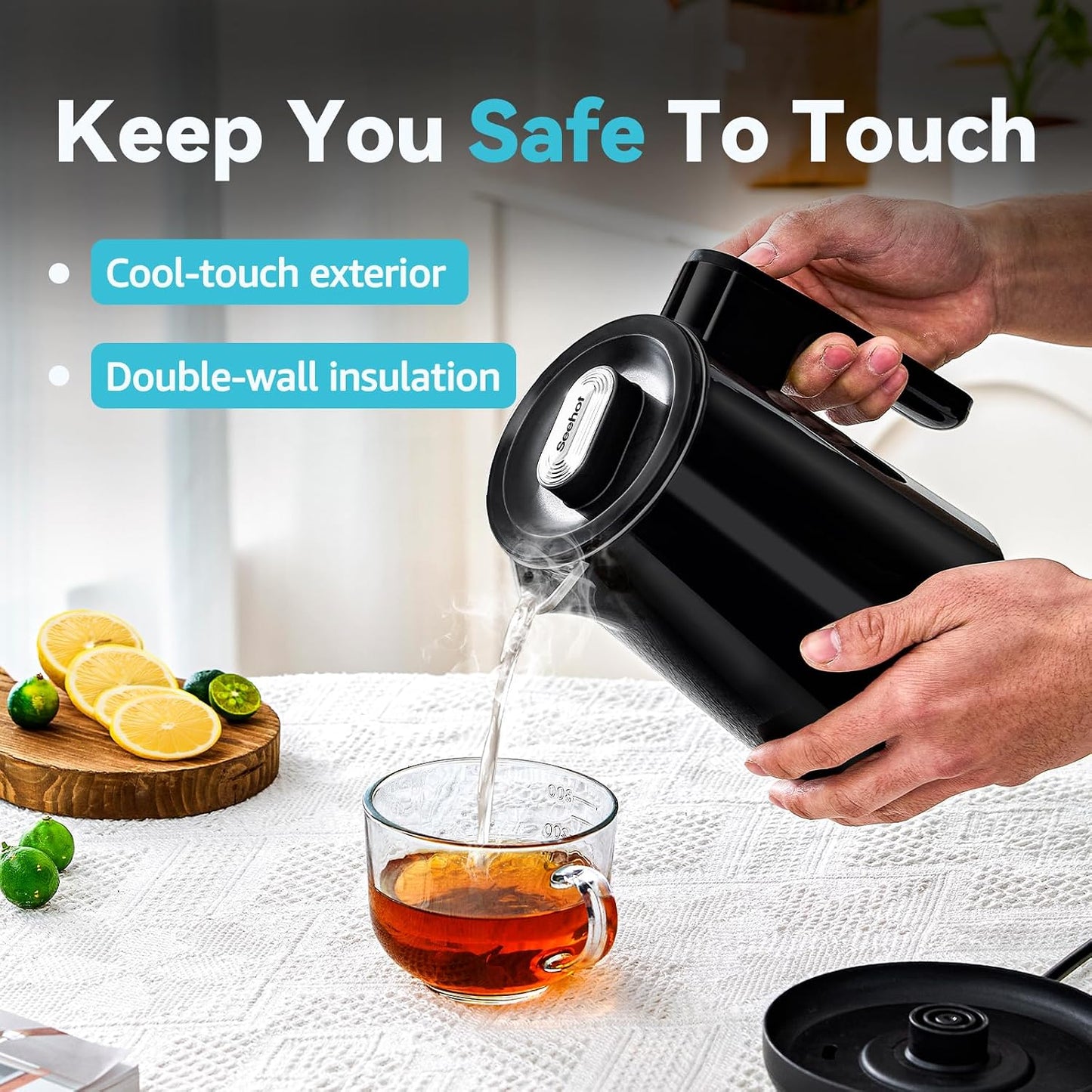 Seehot® 850ml Small Electric Kettle Temperature Control,800W Double Wall Electric Tea Kettle of 304 Stainless Steel,5 Temp Presets,Hot Water Kettle Electric,Auto Shut Off for Tea and Coffee-Black