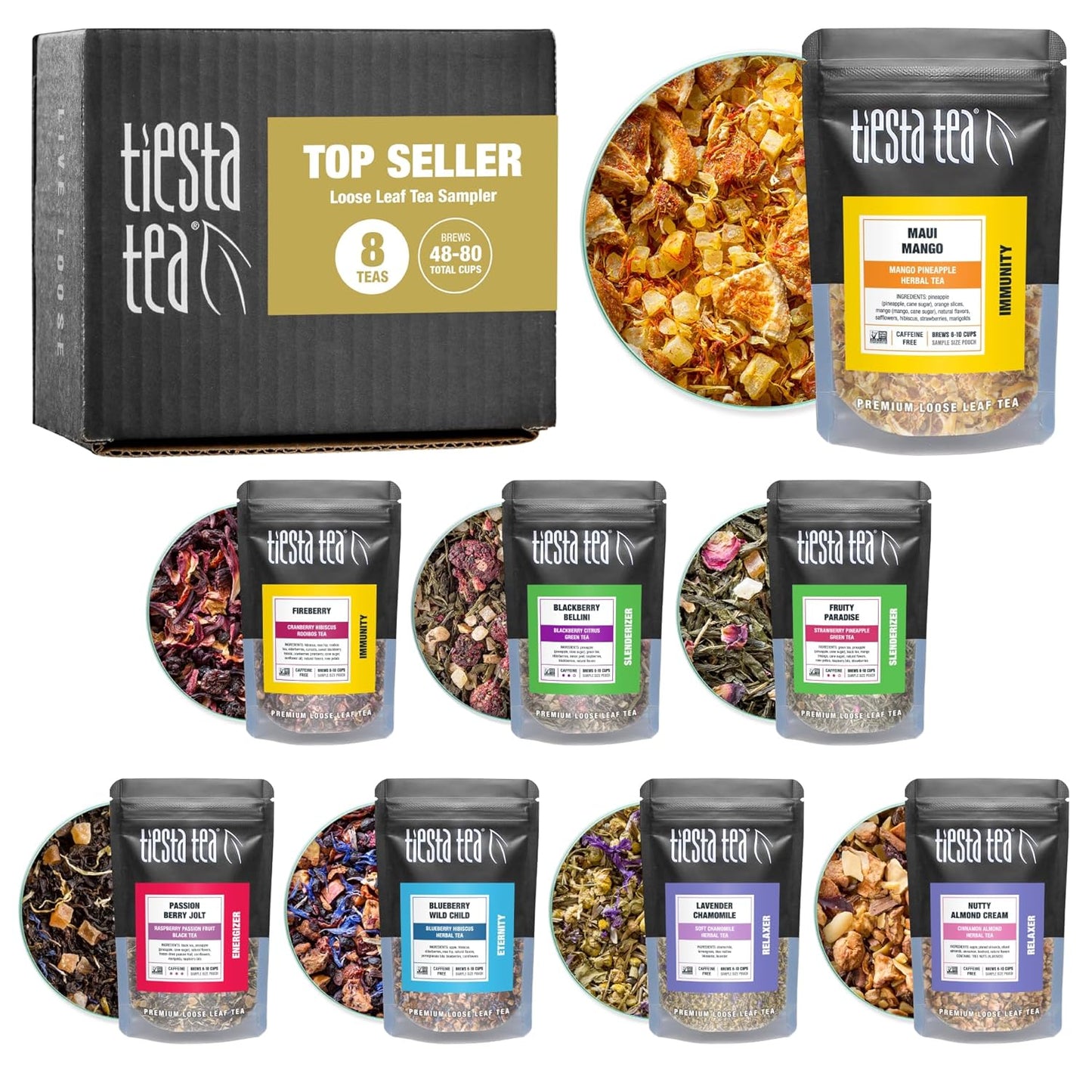 Tiesta Tea - Discovery Sampler Dry Flight Set, Loose Leaf, High to No Caffeine, Hot & Iced Up to 200 Cups, Tea Variety Pack with Green, Herbal, Black & Chai Brew, 20 Resealable Sample Pouches