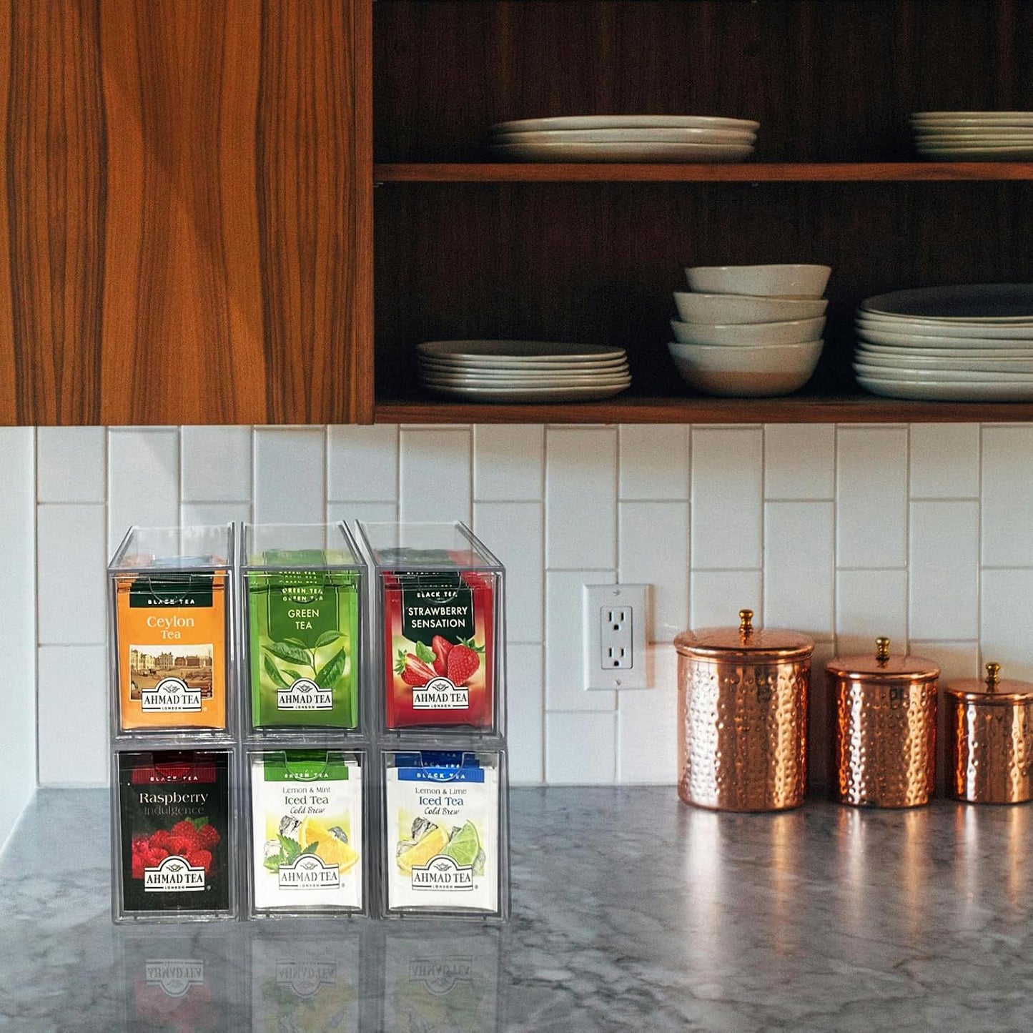AZEZO 4-Pack Tea Bag Drawers Organizer - 4 Clear Plastic Drawer Tea Bag Holder; Stackable & Portable; Wider Size; Well-Organized Storage for Tea Bags & Kitchen Essentials