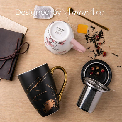 AmorArc Porcelain Tea Mug with Infuser and Lids, 18 Oz Large Cup Strainer with Bag Holder for Loose Leaf Tea, Steeping Coffee Mug for House-warming Wedding Birthday Gift