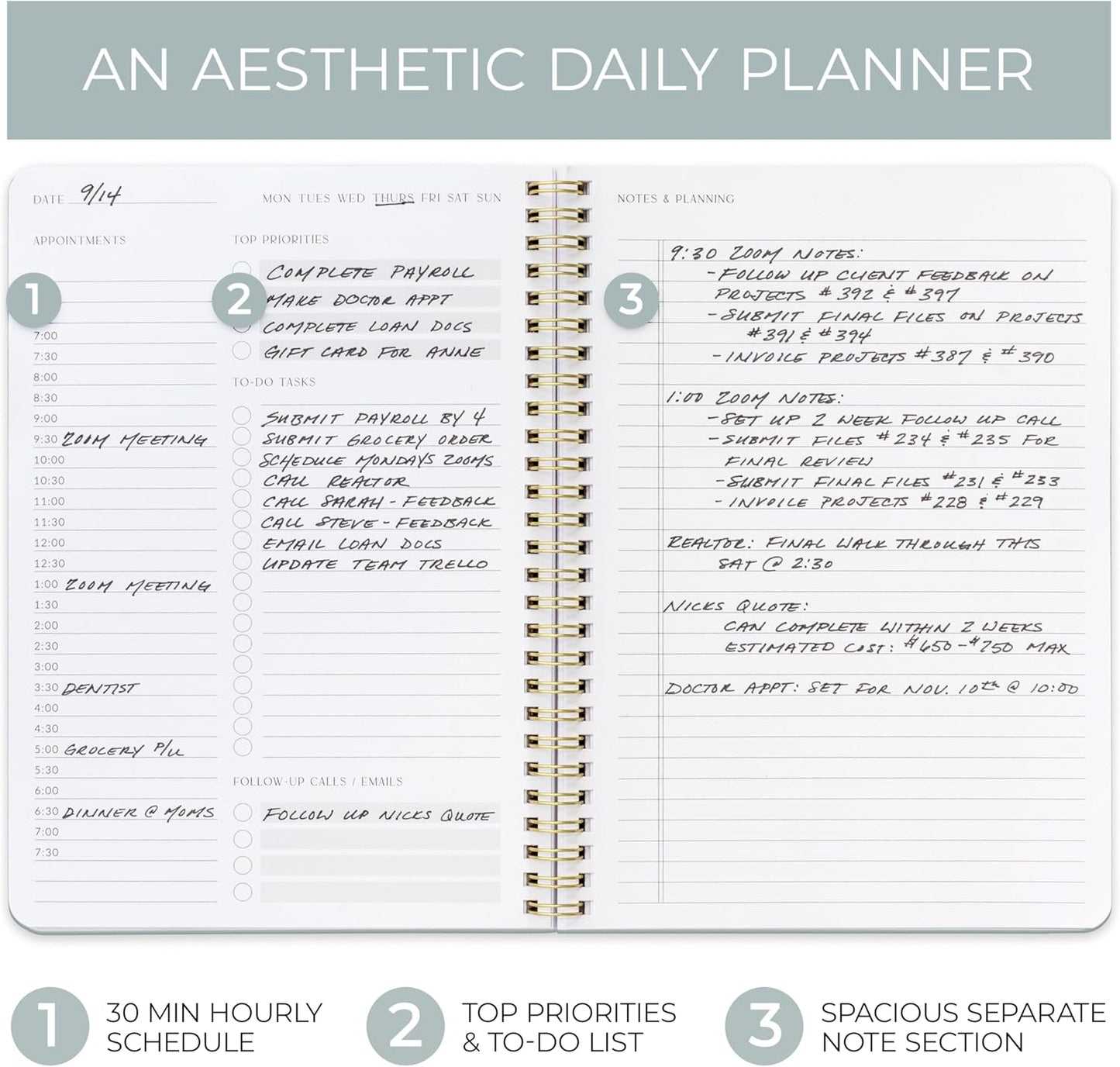 Beautiful Daily Planner And Notebook With Hourly Schedule - Spiral Notebook