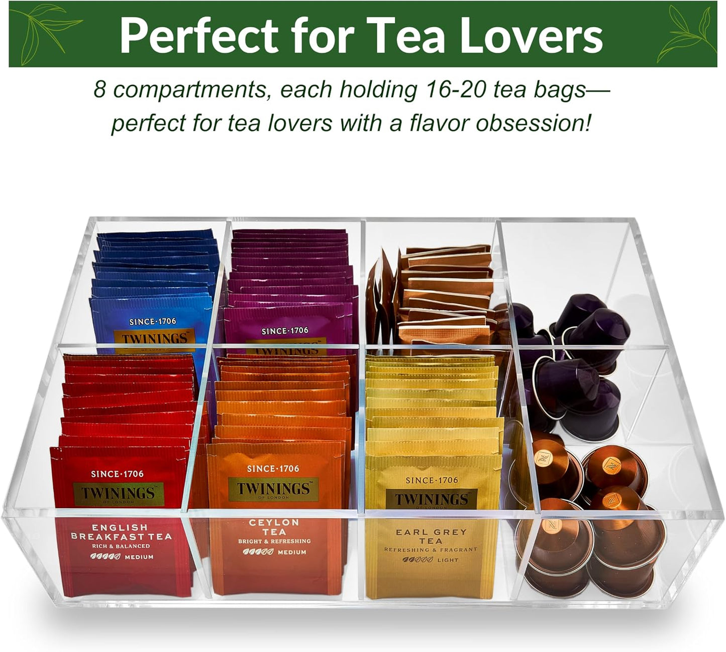 Heavy-Duty Acrylic Tea Bag Organizer, 8-Compartment Storage Box | Perfect Organizer: 8-compartment design keeps tea bags and coffee pods neatly sorted, saving space on your countertop.
