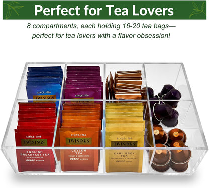 Heavy-Duty Acrylic Tea Bag Organizer, 8-Compartment Storage Box | Perfect Organizer: 8-compartment design keeps tea bags and coffee pods neatly sorted, saving space on your countertop.