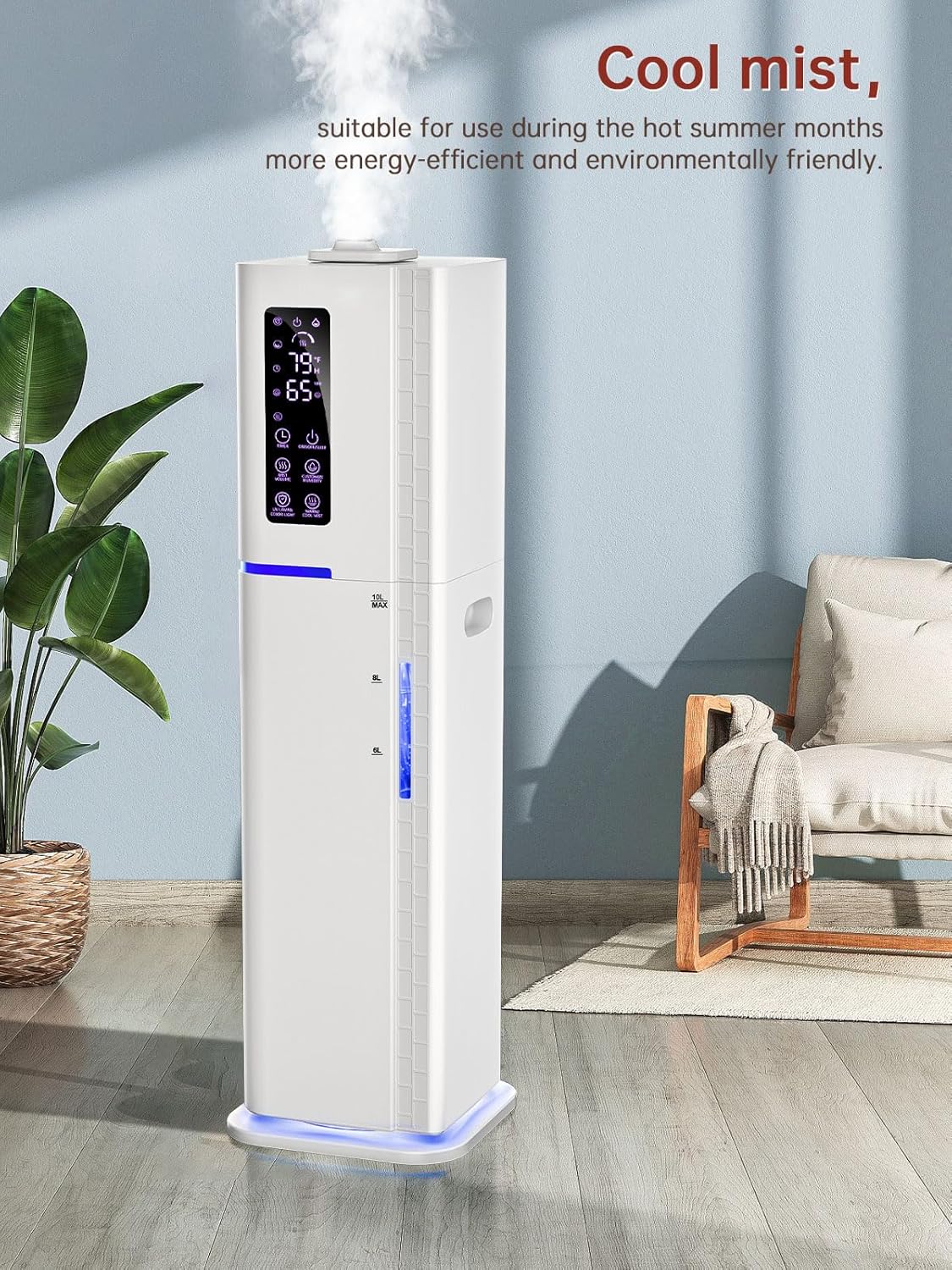 2.64Gal Humidifiers for Bedroom Large Room, Warm and Cool Mist up to 500ft², Top Fill Diffuser Ambient Light, 3 Mist Modes, 24H Timer, 35dB Quiet Humidifier for Home Office Plants