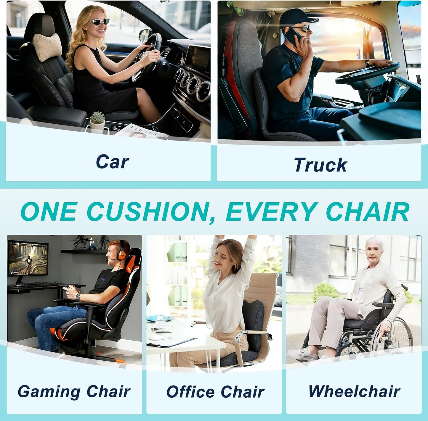 Seat Cushion for Office Chair and Car, Lumbar Support Pillow for Office Chair, Memory Foam Ergonomic Seat Cushion for Long Sitting, Back & Tailbone Pain, Sciatica - Dark Gray & Light Gray