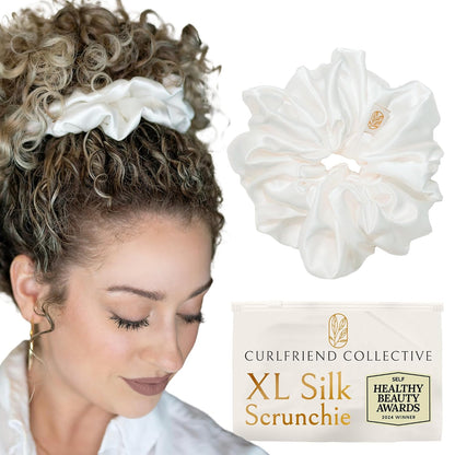 Silk Scrunchies for Women Ponytail Holders – Oversized Mulberry Silk Scrunchies – Extra Large No Damage Hair Ties for Curly, Thick, and Thin - Hair Accessories for Women – Black, XL By Curlfriend
