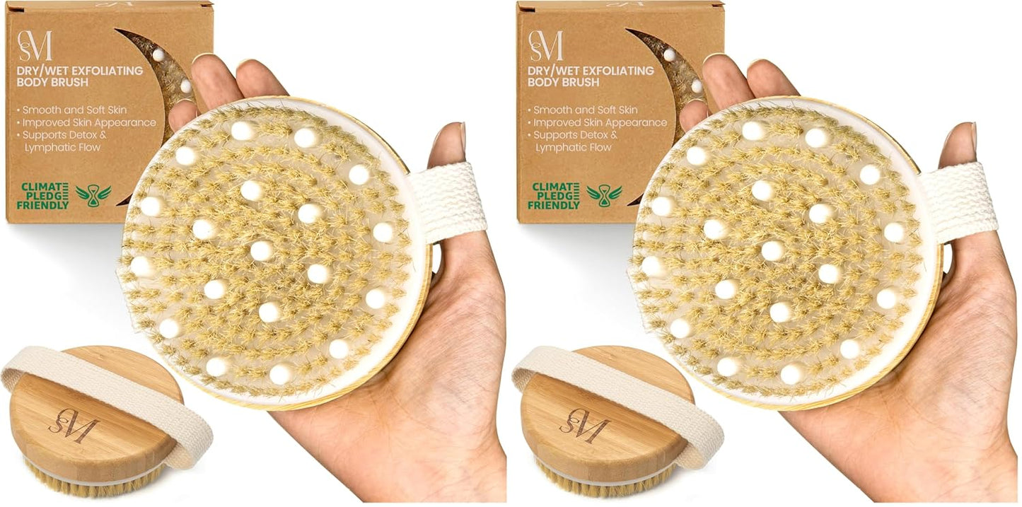 CSM Dry Brushing Body Brush for Lymphatic Drainage - Natural Boar Bristle Exfoliating Brush Set with Face Brush for Cellulite, Circulation & Glowing Skin