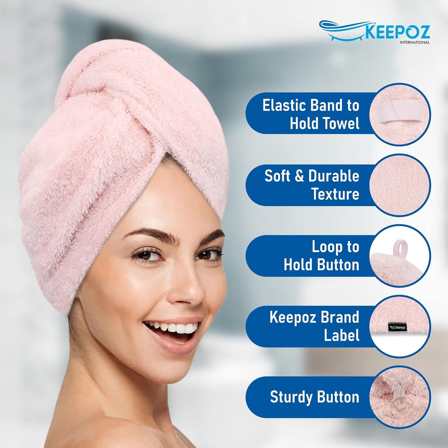 KEEPOZ 100% Cotton Hair Towel Wrap Quick Dry Super Absorbent Turban Head Wrap for Women with Button, Anti Frizz, Hair Cap for Curly, Long & Thick Hair (White, 1 Pc)
