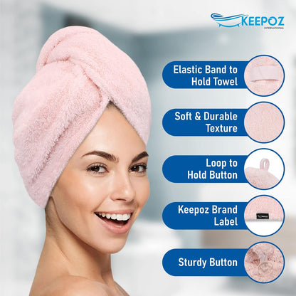 KEEPOZ 100% Cotton Hair Towel Wrap Quick Dry Super Absorbent Turban Head Wrap for Women with Button, Anti Frizz, Hair Cap for Curly, Long & Thick Hair (White, 1 Pc)