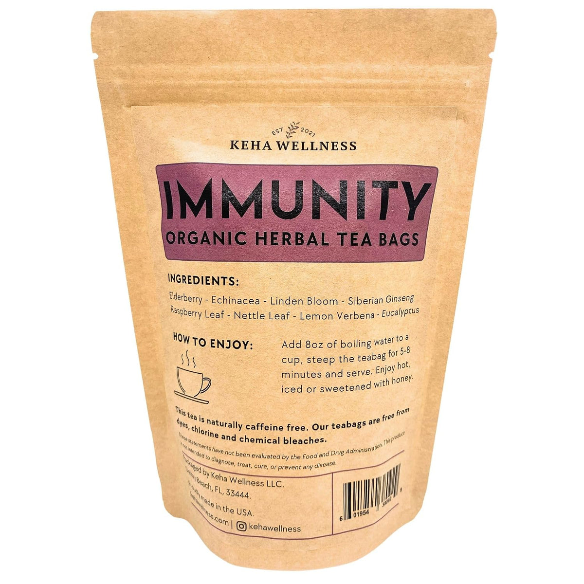 Keha Wellness Immunity – Organic Elderberry & Echinacea Herbal Tea Bags, 15 Caffeine-Free Tea Bags, Full-Flavor Blend, Made in the USA