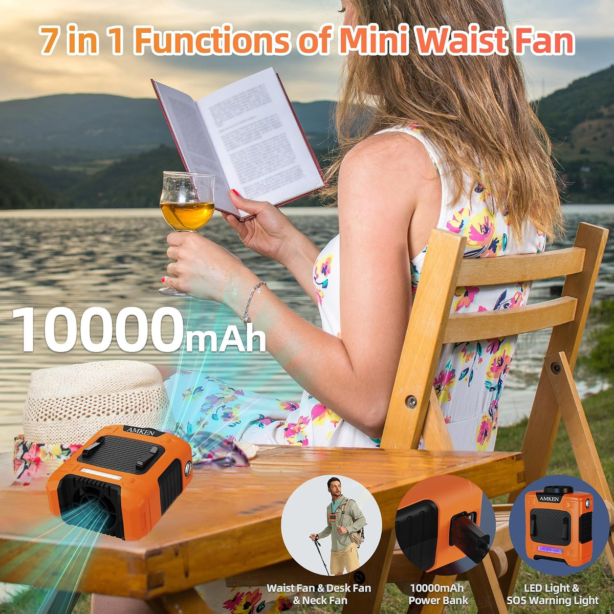AMKEN Waist Fan, 10000mAh Rechargeable Belt Clip Fan, 59ft/s Airflow, 6-Speed 19000RPM Wearable Cooling with Bottom Air Intake, LED SOS Warning Light, Charge 2 Phones for Jobsite Camping