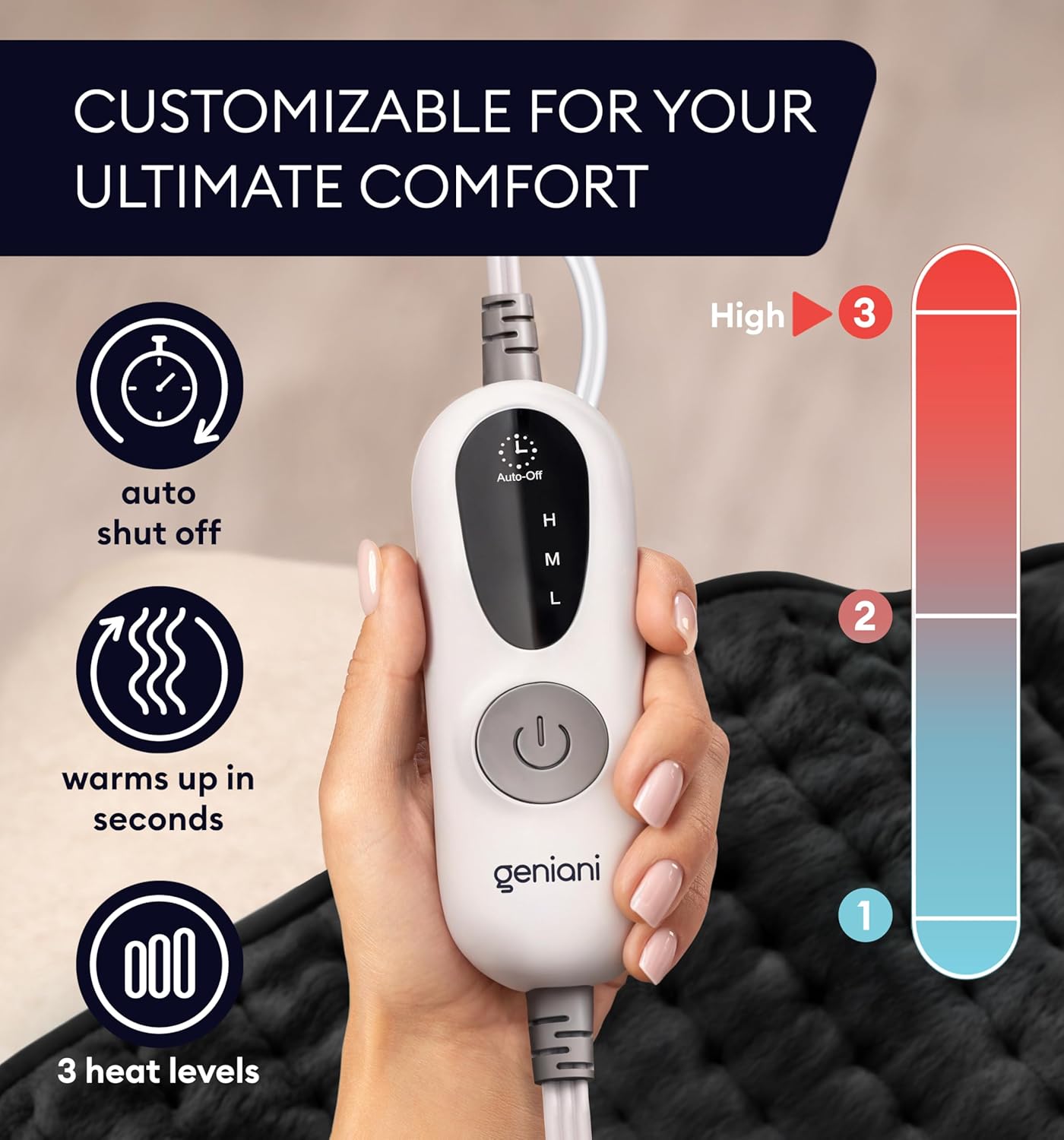 GENIANI Electric Heating Pad for Back Pain & Cramps Relief, Electric Throw, Self Care Gifts for Women, Heating Pad for Neck & Shoulder, Machine Washable Microplush, Auto Shut Off (12"x24", Tabby Gray)