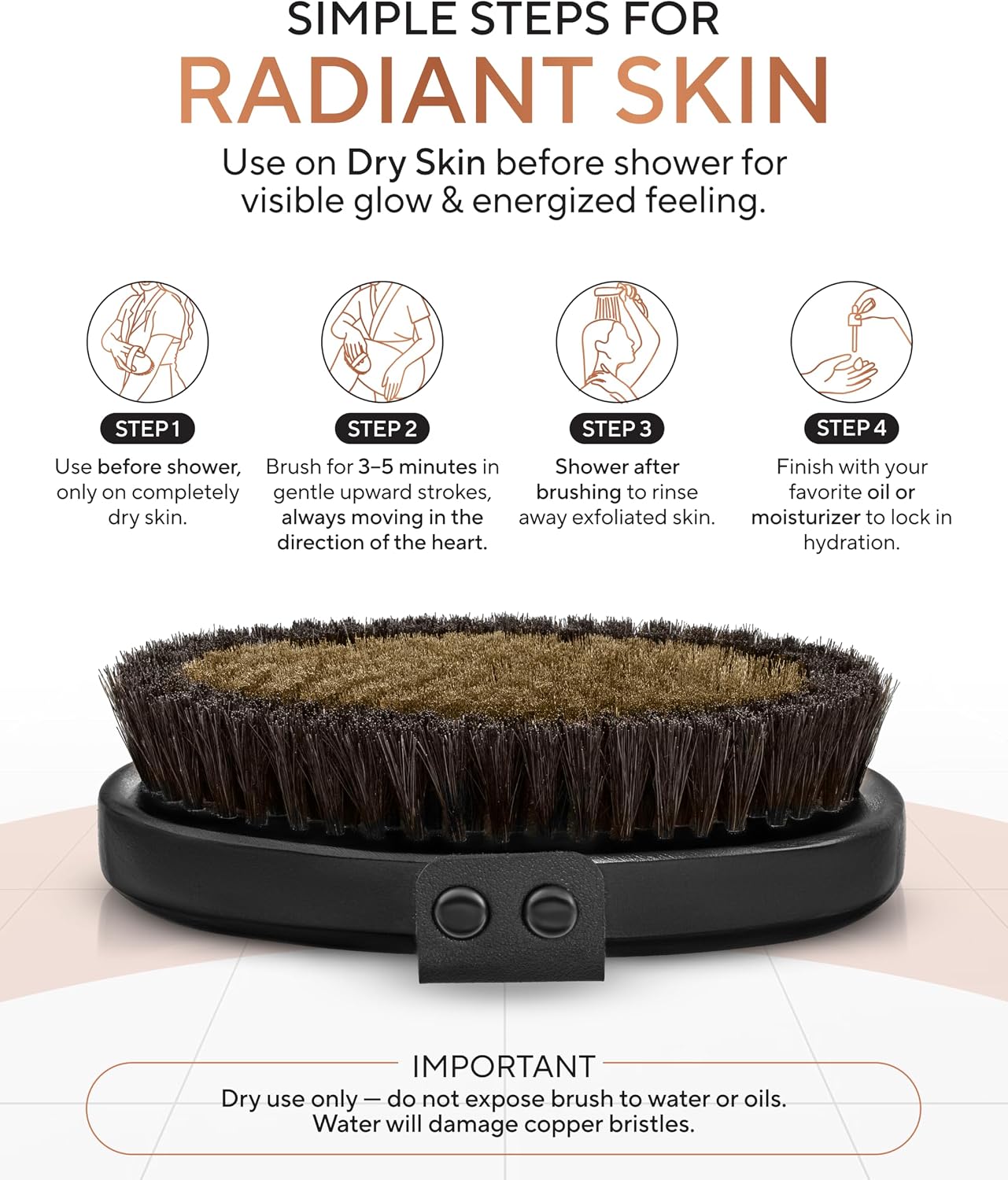 TheraCopper Copper Body Brush - Premium Ionic Copper Dry Brushing Body Brush for Lymphatic Drainage - Natural Copper-Bristles for Exfoliation, Cellulite Reduction, Improve Circulation & Radiant Skin