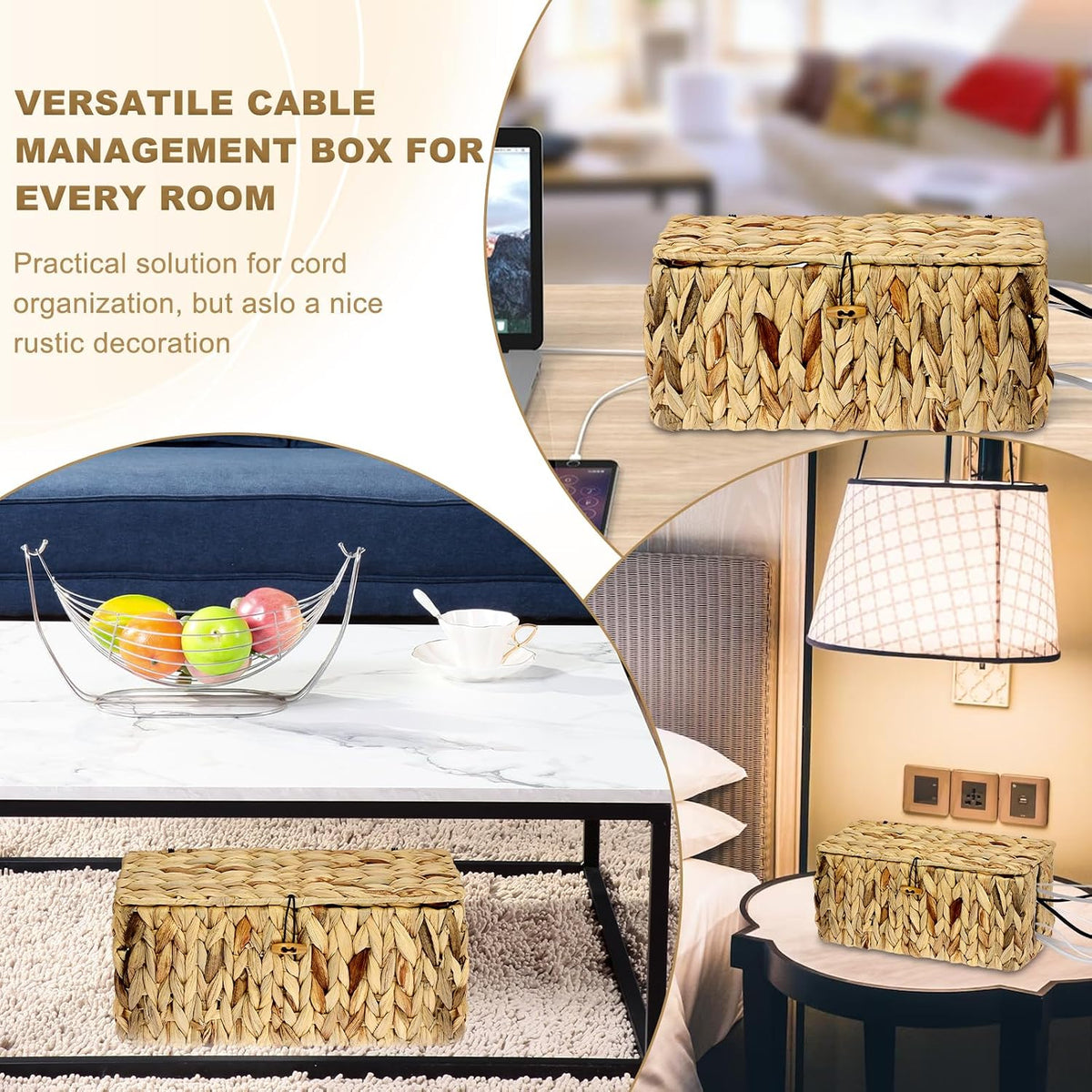 BTSKY Woven Cable Management Box with Lid Water Hyacinth Cord Organizer, S