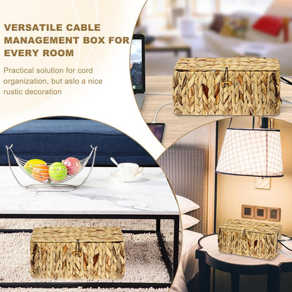BTSKY Woven Cable Management Box with Lid Water Hyacinth Cord Organizer, S
