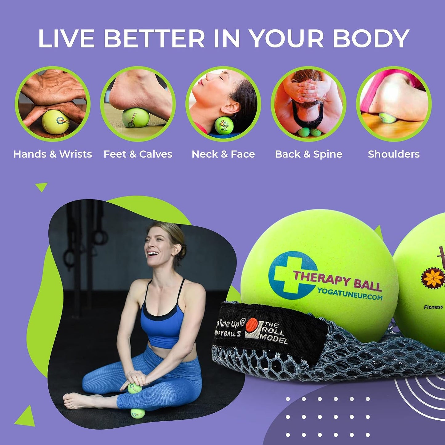 YOGA TUNE UP® Therapy Balls in Tote by Tune Up Fitness - Massage Balls for Trigger Point, Pressure Point & Myofascial Release - Use as Single or Peanut Ball for Pain Relief & Relaxation (Apple Green)