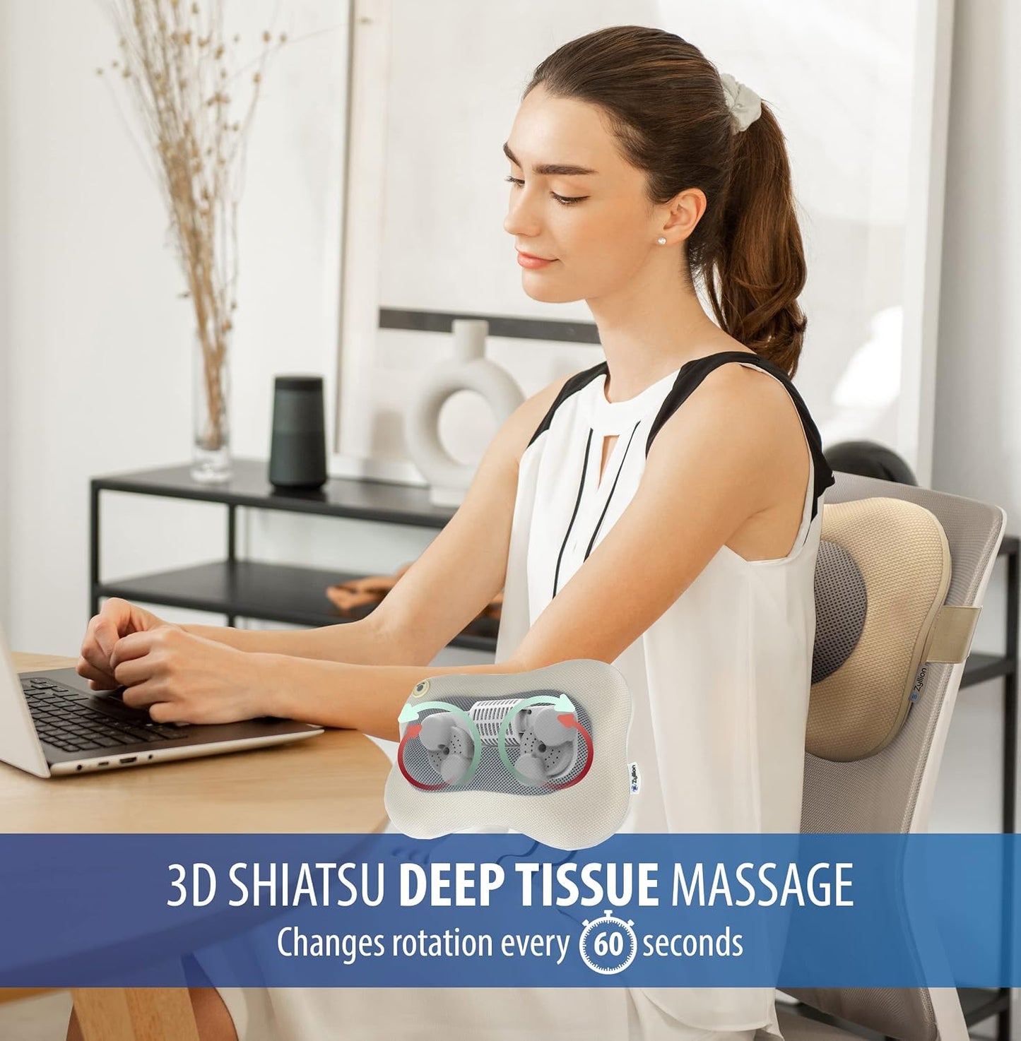 Zyllion Shiatsu Back and Neck Massager with Heat - 3D Electric Kneading Deep Tissue Massage Pillow for Muscle Pain Relief, Black, ZMA-13