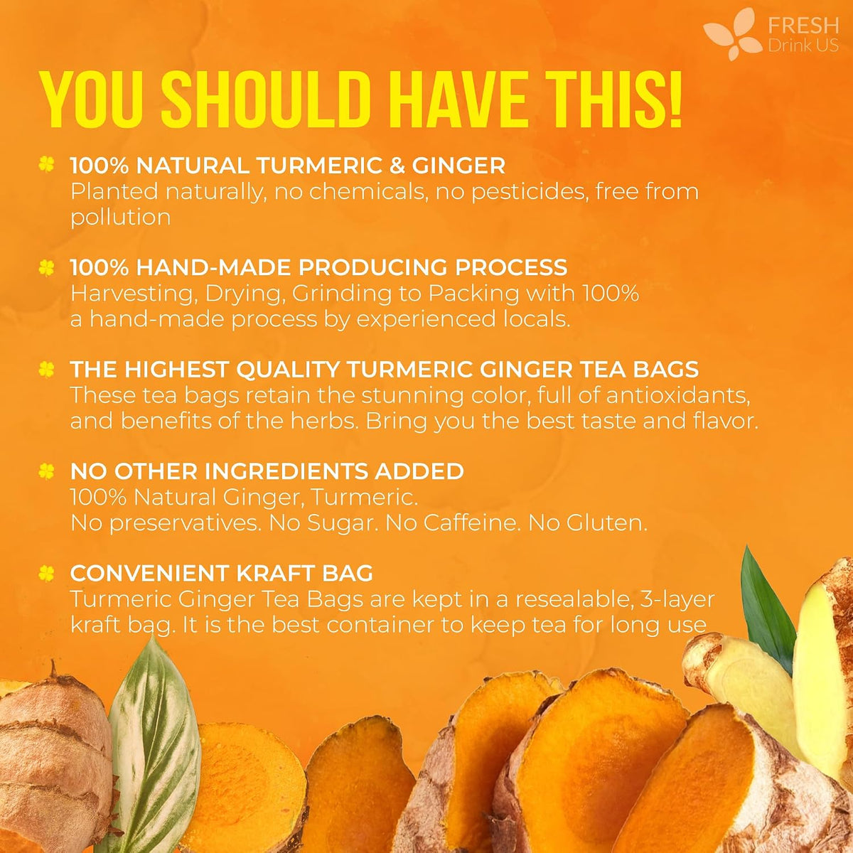 FreshDrinkUS, Premium 210 Ginger Turmeric Tea Bags, 100% Natural Ingredients, Hand-Made Blend Herbal Tea, Eco-Conscious Tea Bags. No Sugar, No Caffeine, No Gluten, Vegan.