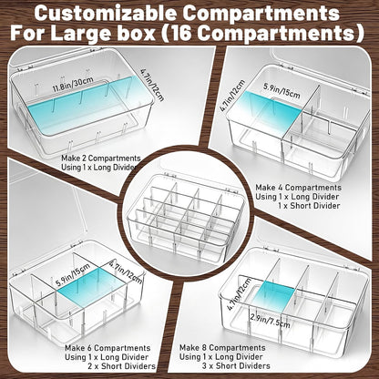 Tea Bag Organizer, 2 Pcs Clear Tea Organizers, Acrylic Storage Box with Lids, Stackable Partition Holder for Drawers, Countertops, Fridge, Kitchen (16 Compartments + 8 Compartments)
