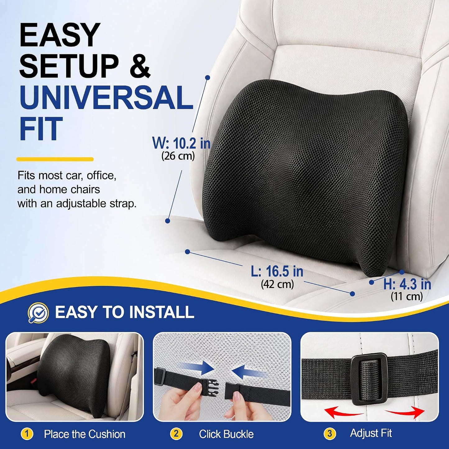 Lumbar Support Pillow for Car, Memory Foam, Black | Back Pain Relief, Adjustable Straps, Office Chair Compatible, Desk Chair Compatible