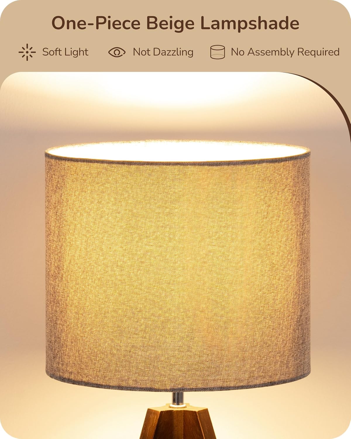 EDISHINE Tripod Table Lamp, Small Cute Bedside Lamp with Linen Beige Lampshade, Nightstand Lamp for Nursery, Bedroom, Kid Room, Living Room, Light Brown Wooden Base, E26 Socket, 14.2 Inch