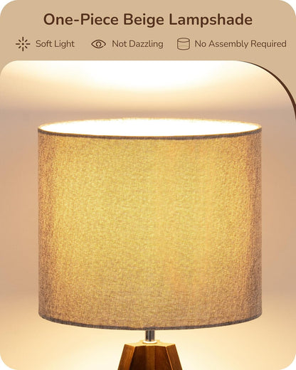 EDISHINE Tripod Table Lamp, Small Cute Bedside Lamp with Linen Beige Lampshade, Nightstand Lamp for Nursery, Bedroom, Kid Room, Living Room, Light Brown Wooden Base, E26 Socket, 14.2 Inch