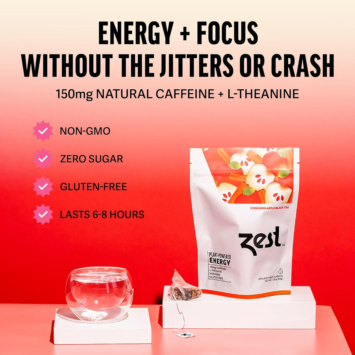 Zest Cinnamon Apple Spice Energy Tea – High Caffeine Black Tea Bags for Focus, Clarity & Morning Energy – Natural Non-GMO Caffeinated Breakfast Tea – Cozy Fall Focus Tea with 150mg Caf – 20Ct Pack