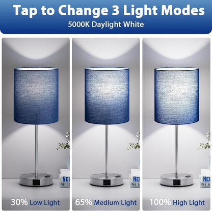 Blue Touch Lamps for Nightstand Set of 2 - Bedside Table Lamp for Bedroom with Dual USB Ports & AC Outlet, 3-Way Dimmable Lamps for Living Room Boys Room, Night Light with 5000K Daylight Bulbs