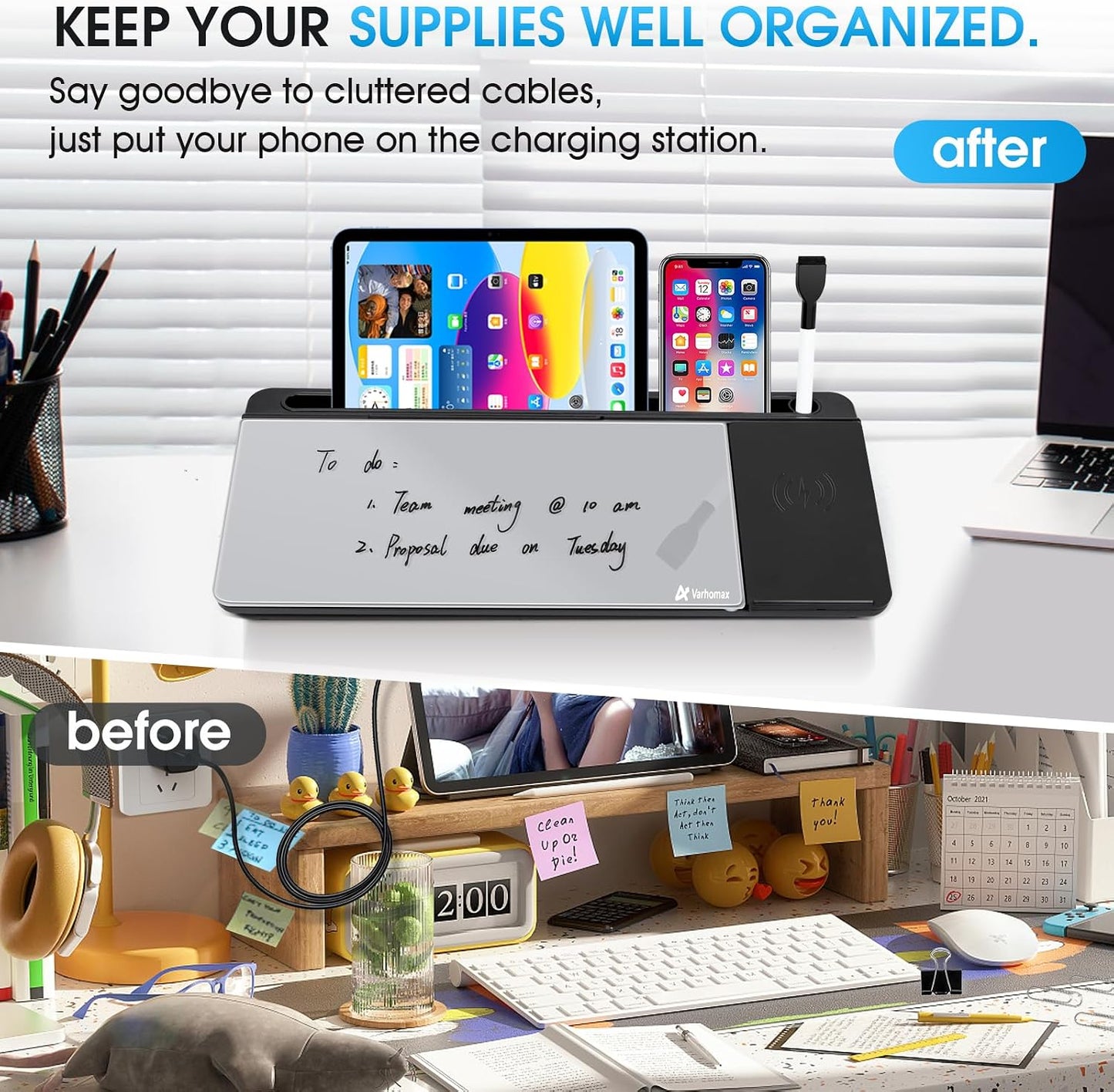Varhomax Glass Weekly Dry Erase Desk White Board, Desktop to Do List Planner Whiteboard Calendar with Storage Caddy Memo for Home and Office, White