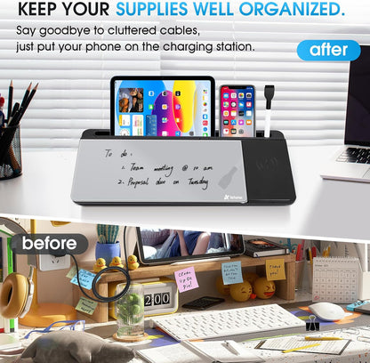 Varhomax Glass Weekly Dry Erase Desk White Board, Desktop to Do List Planner Whiteboard Calendar with Storage Caddy Memo for Home and Office, White