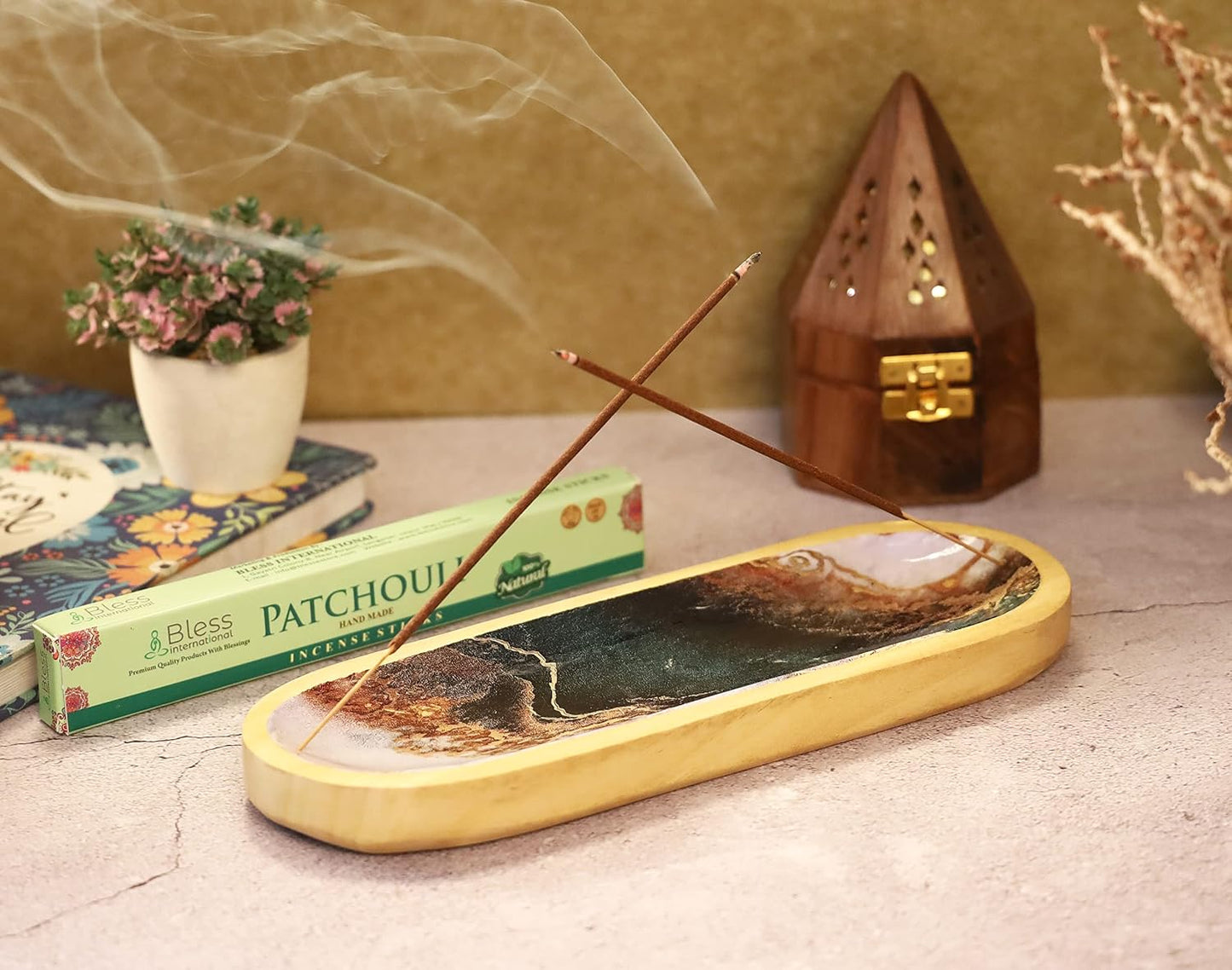 Bless-International Traditional-Handmade-Tray-Burner Wooden-Trat-Incense-Stick-Holder Ash-Catcher-Stand for-Aromatherapy-Meditation-Yoga 11x4x1.22 Inches (Wooden Tray)