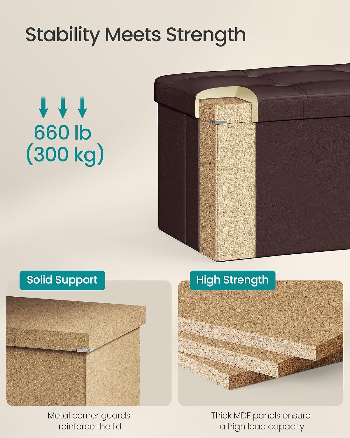 SONGMICS MAZIE Collection - 43 Inches Folding Storage Ottoman Bench, Ottoman with Storage, Foot Rest Stool, Load 660 lb, for Living Room, Synthetic Leather, Black ULSF701