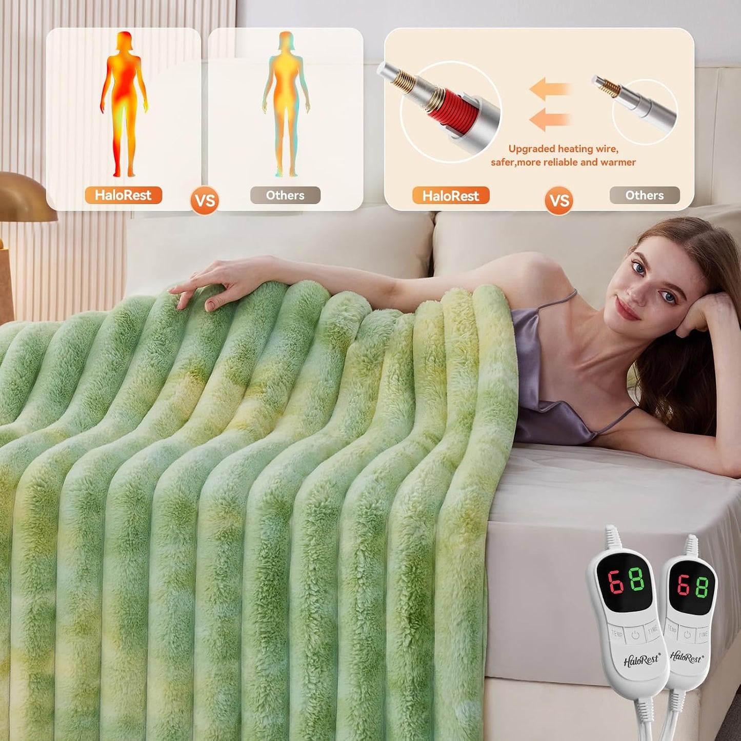 Heated Throw Blanket, Faux Fur Cozy Heating Blanket with Overheat Protection, 1/2/4/6/8 Hours Auto-Off 10 Heat Level, Machine Washable (50x60 Inches, Cream White)