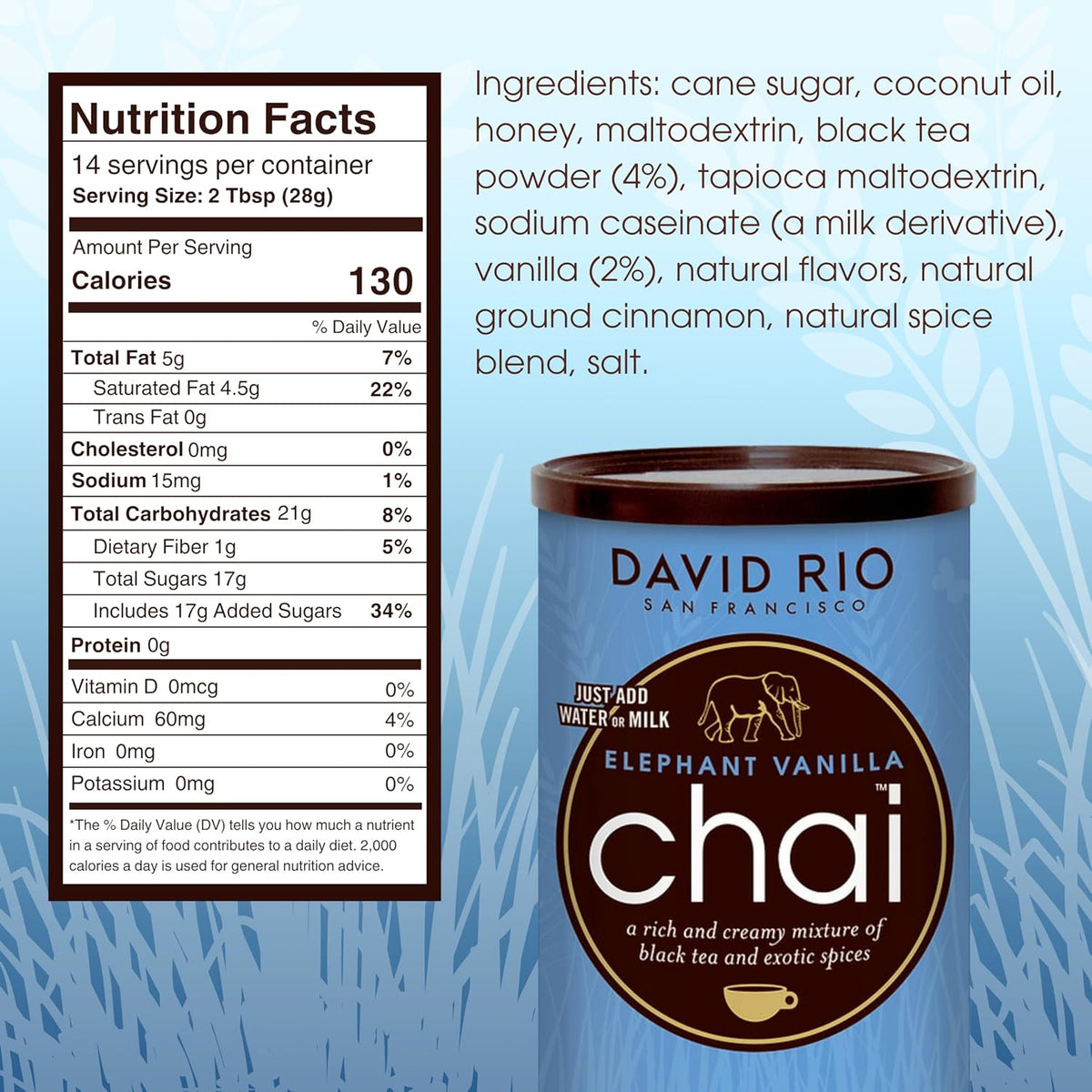David Rio Elephant Vanilla Chai Tea Latte Mix, 14 Oz