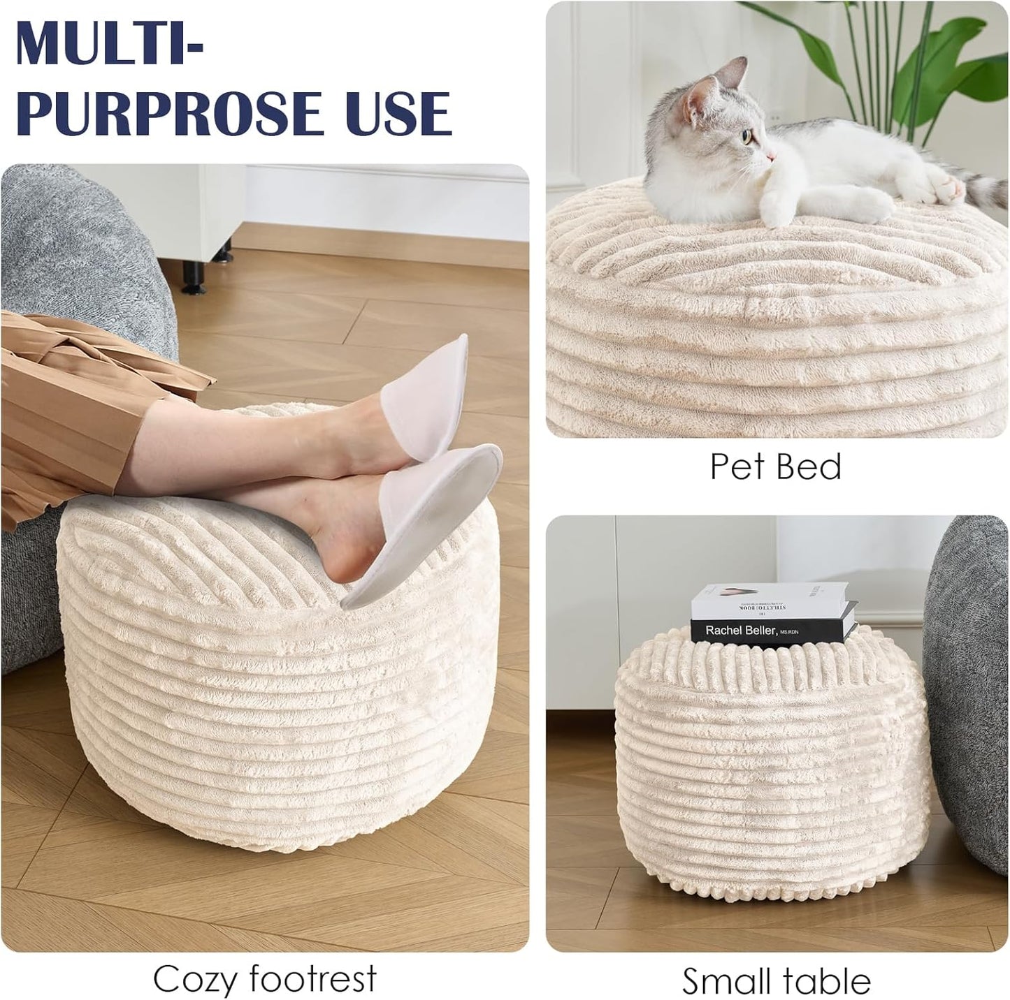 SHOUREN Stuffed Round Ottoman,Corduroy Pouf Ottoman Foot Rest with Foam Filling,Pouf Storage Ottoman Footstool for Living Room,20 X 15 Floor Poufs for Couch,Footrest Only - 20 X 15 Inches,Beige