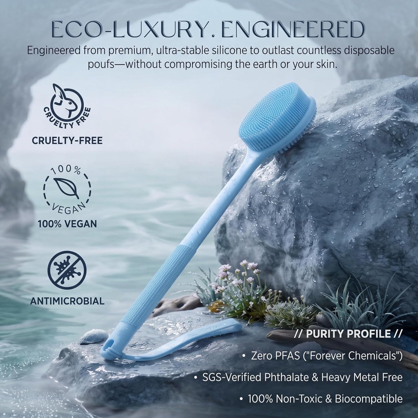 CORATED Silicone Back Scrubber for Shower, Exfoliating Body Scrubber with Long Handle, 2‑in‑1 Body Brush for Women & Men Daily Use, Loofah Alternative Bath Accessories